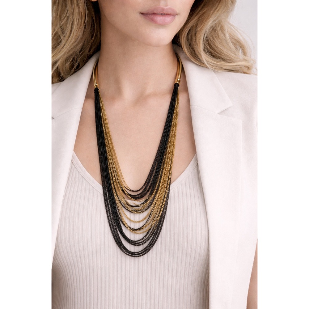 Black & Gold Multi-Strand Mesh‎ Necklace 30" Statement Layered Chain